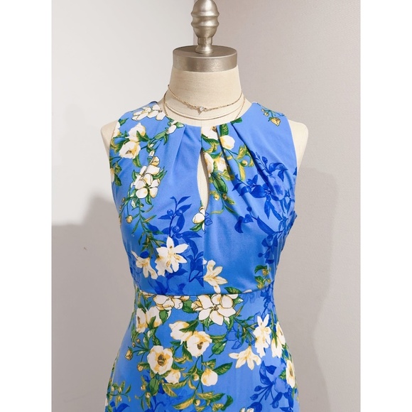 London Times Women's Blue Floral-Print Pleated Keyhole-Neck Midi Dress Size 10 - Picture 4 of 6